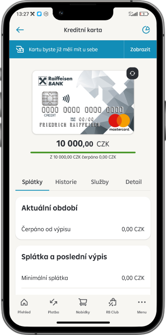 Obrazovka bankovnictví s detailem kreditní karty