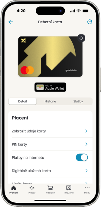 Detail debetní karty s možností zvolit sekci Digitálně uložené karty