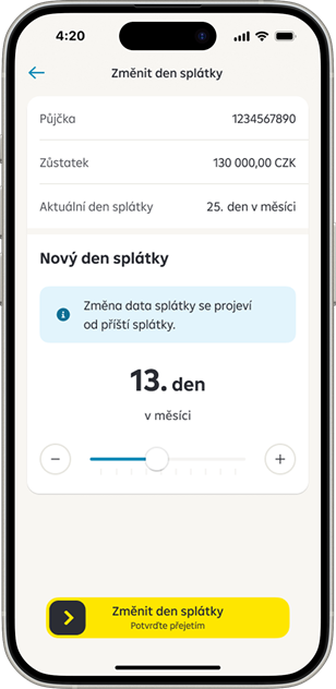 obrazovka: nastavení dne splátky