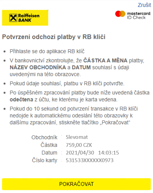 Potvrzení odchozí platby v RB klíči