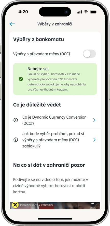Blokování DCC v aplikaci Raiffeisen bankovnictví