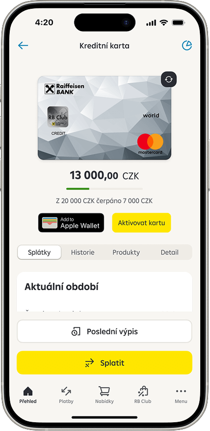 Kreditní karta v aplikaci Raiffeisen bankovnictví