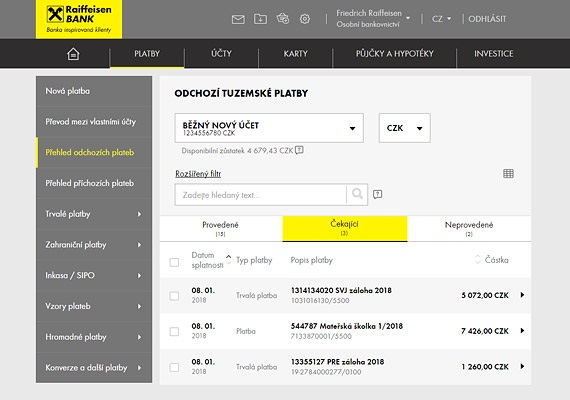 Přehled plateb internetové bankovnictví