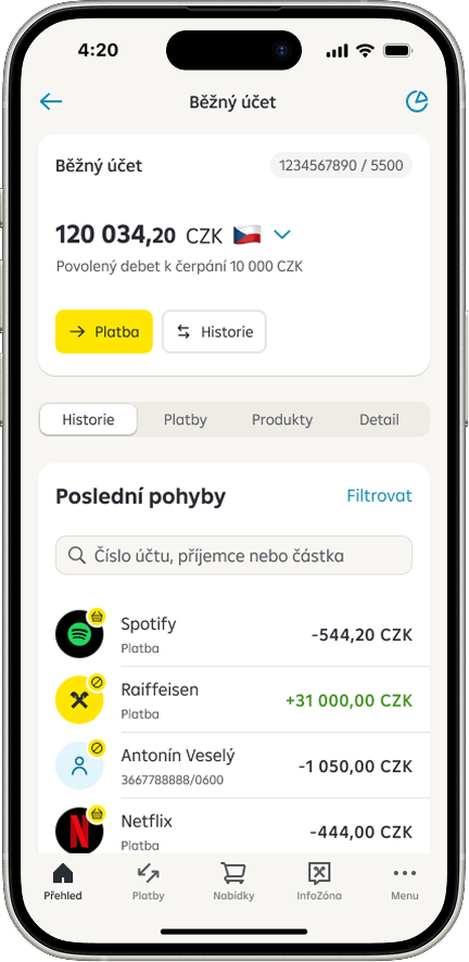 Screen z aplikace Raiffeisen bankovnictví