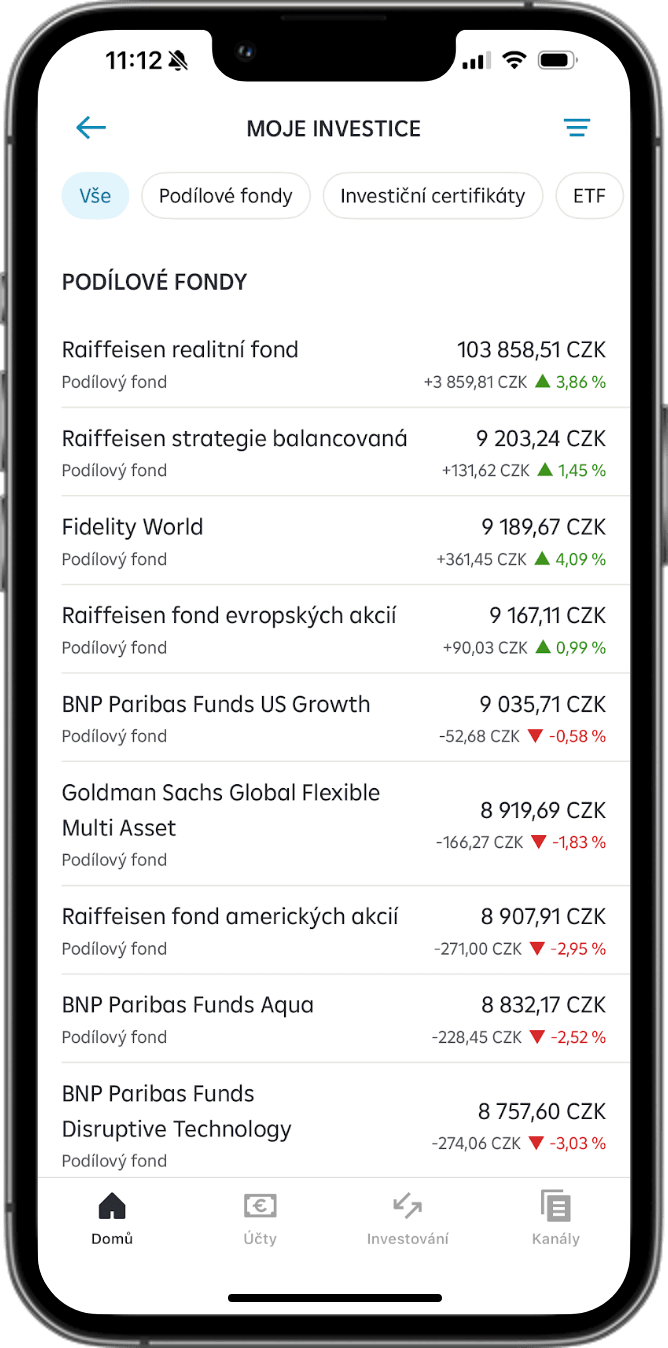 Mobile app screen - Investments Overview