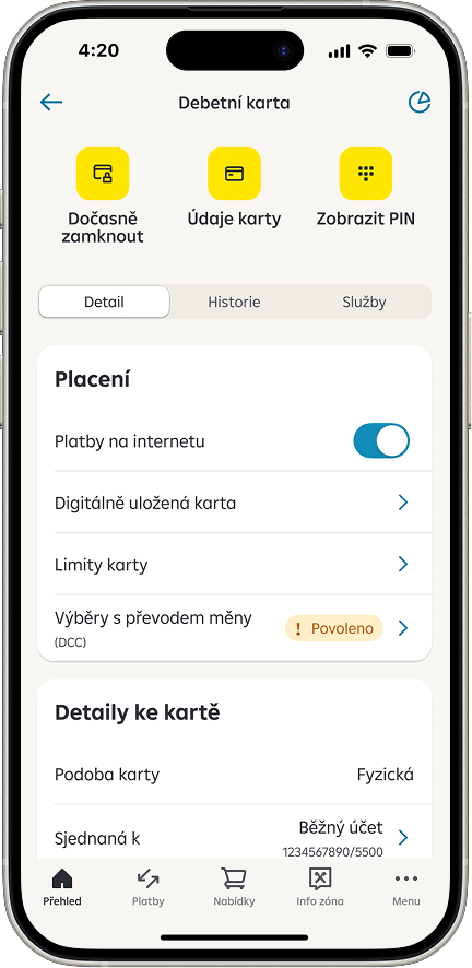Obrazovka mobilního bankovnictví