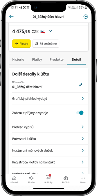 Vyberte účet pro příjem