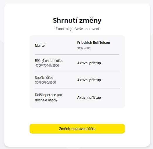 Screen účtu na kterých dojde ke změně