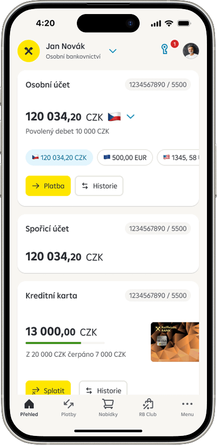 Hlavní stránka v mobilním bankovnictví