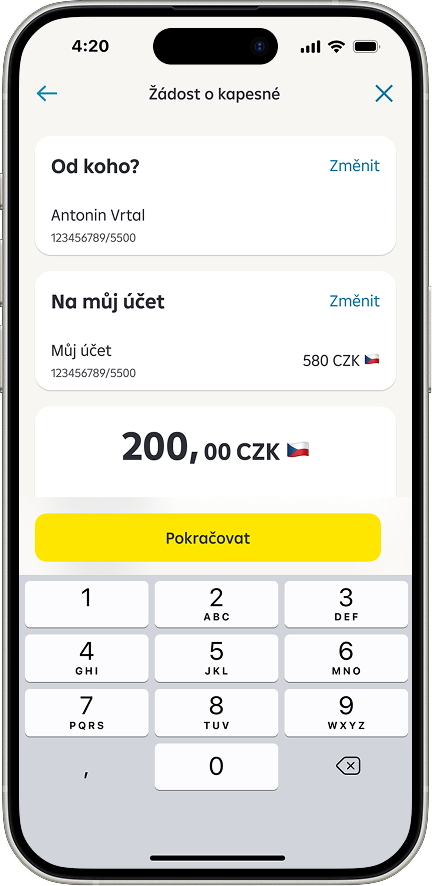 Obrazovka mobilního bankovnictví dětského účtu s funkcí Vyžádat kapesné